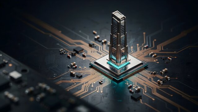 Minimalist skyscraper on circuit board socket &ndash; Ideal for motherboard technology, semiconductor industry, or tech corporate headers.
