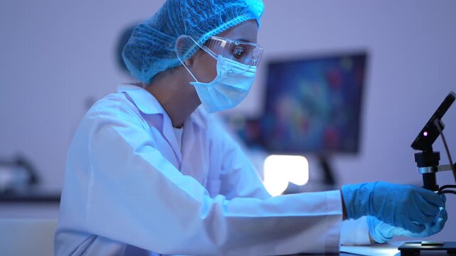 A scientist in cap and safety glasses pipettes a sample at a microscope bench under blue light with molecular imagery on the monitor.