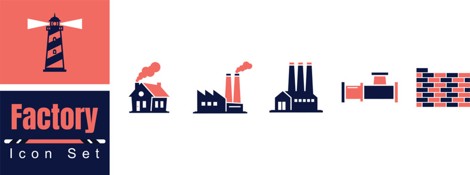 Industrial factory construction building icon set for chimney house, manufacturing plant, power station, pipe fitting, and brick wall vector graphics