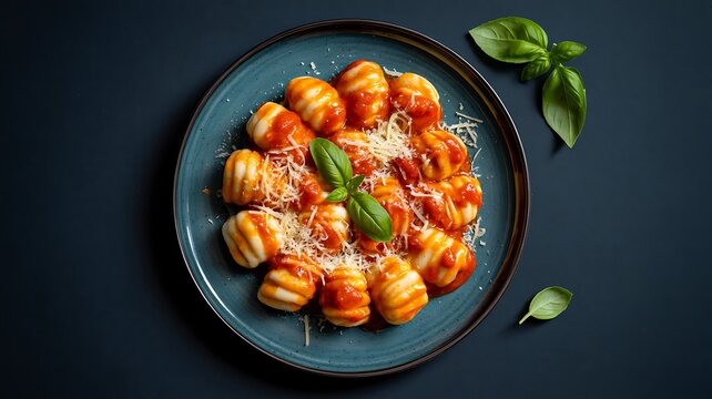 Italian gnocchi pasta with tomato sauce and basil served on dark plate