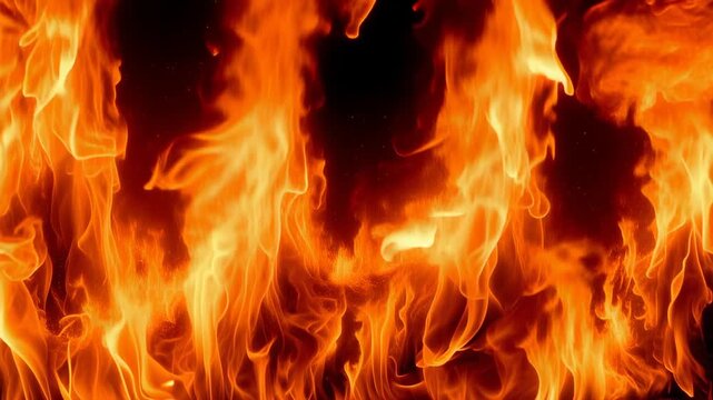 Intense blazing fire flames with glowing orange texture creating dramatic heat and burning background scene