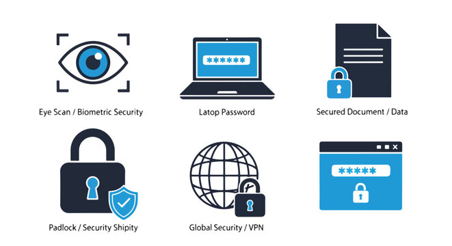Digital security and data privacy icons - Glyph and solid icon set - logo icons. Blue, Black and white icons - Icon vector 