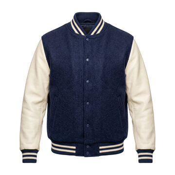 Navy blue and white varsity jacket isolated