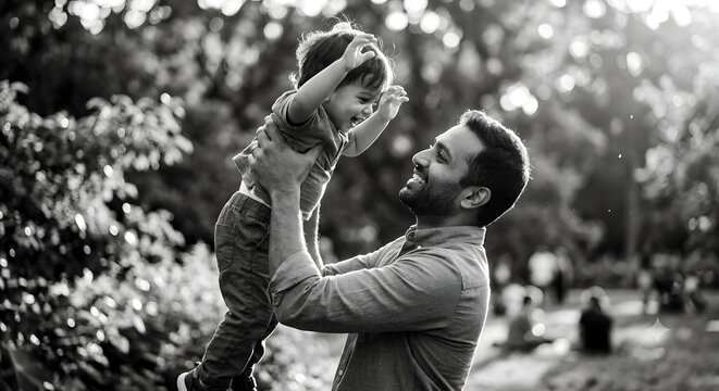 Father lifting his happy toddler son. Dad playing with child outdoors in a park.