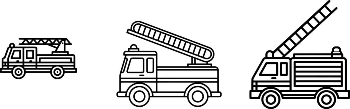 A black outline icon of a fire engine truck with a ladder on top is shown in a side view, featuring thick uniform lines and a minimalist flat vector style against a pure white background