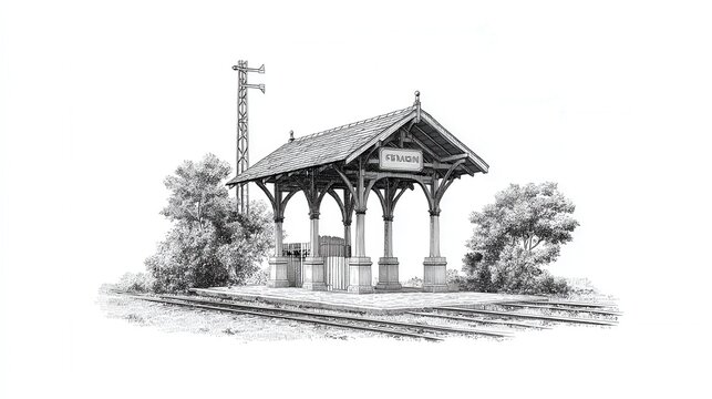 Historic rural railway station platform with wooden shelter engraving sketch landscape illustration