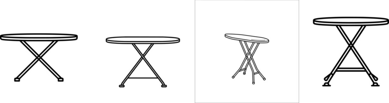 A minimalist black outline icon of a folding metal ironing board with thick uniform lines, isolated on pure white background, showcasing its versatile design for laundry tasks