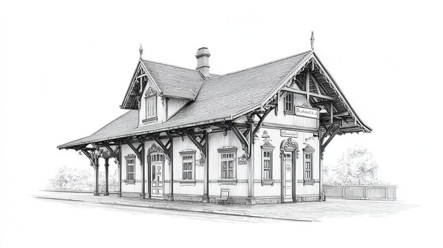 Historic wooden railway station building with decorative architecture engraving sketch illustration
