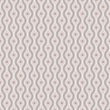 Curved ogee lines and small squares in flowing rhythm, abstract geometric background, seamless vector pattern