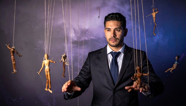 "A suited person manipulating wooden marionettes with strings under dramatic lighting."