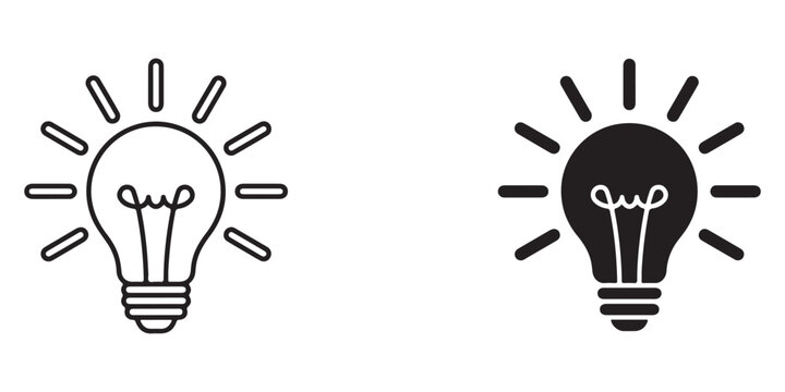 light bulb icons with glowing filaments contrasting in line art and solid black fill designs
