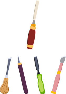 Set of various woodworking chisels and gouges with diverse handles and blade shapes, illustrating tools essential for carving art, crafts, and carpentry projects