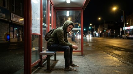 Fototapeta premium Young man in a hoodie sits alone at a wet bus stop late at night, city lights reflecting on the damp street, evoking solitude and urban contemplation