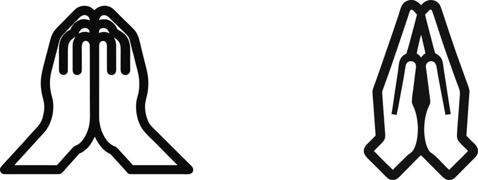 Pair of simple black line art praying hands icons, depicting a gesture of prayer, gratitude, or respect on a transparent background.