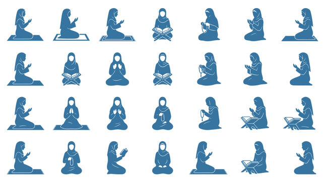 Elegant Blue Silhouette Icons of Women Engaged in Islamic Prayer and Study Positions with Quran