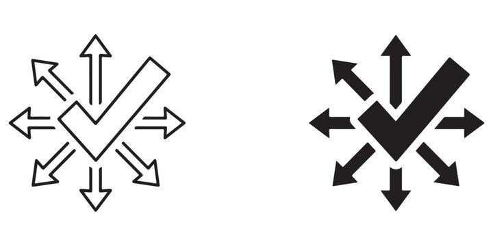 showing directional arrows converging and diverging from central cross shapes in contrasting styles