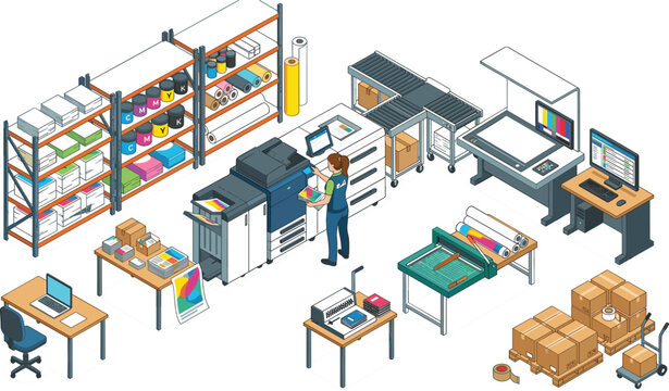 Isometric digital printing studio vector illustration featuring commercial print machinery storage racks supply shelves packaging station worker operator and large format plotters