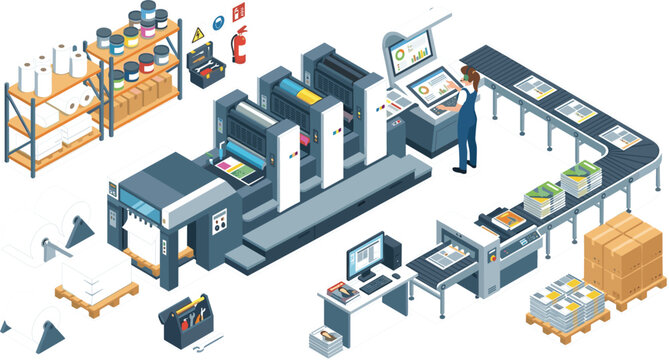 Isometric offset printing factory vector illustration featuring large multi color print machine operator at control panel conveyor belt and packaging storage shelves