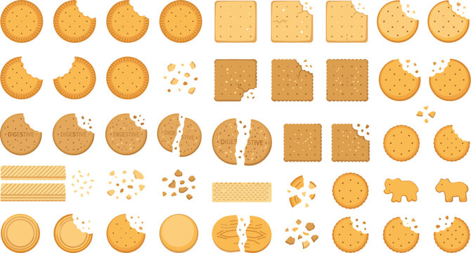 Crispy sweet cookies and crackers flat vector icon collection featuring chocolate chip cookies round tea biscuits square shortbread crispy wafers animal shapes and broken crunchy crumbs