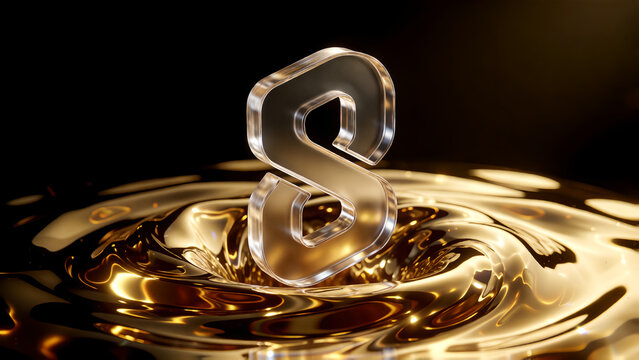 Glass letter S standing above swirling golden liquid background.