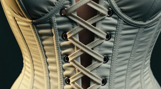 Close up view of off white corset with intricate lace up detailing. Sexy lingerie garment features metallic eyelets, sturdy fabric for body shaping. Elegant feminine fashion item creates hourglass