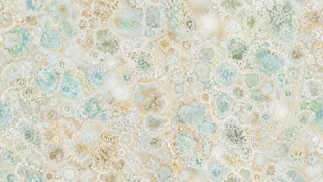 Close-up abstract pattern of organic growth or mold colonies with blue-green and beige textures.