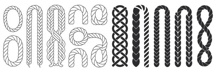 Decorative rope brush collection with twisted cords, knit patterns, seamless vector brushes, and graphic design elements © Rakib001