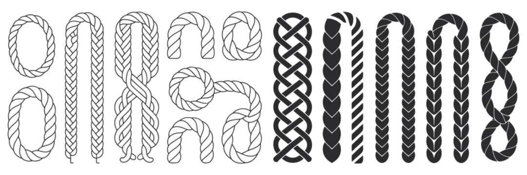 Decorative rope brush collection with twisted cords, knit patterns, seamless vector brushes, and graphic design elements
