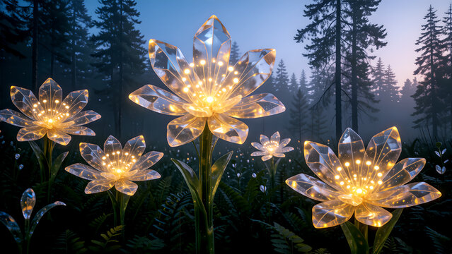Glowing glass lotus flower sculptures illuminated in a mystical twilight forest landscape.