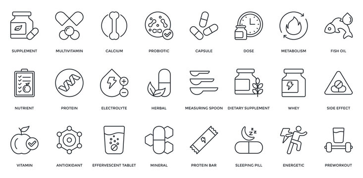Supplement Icon Set. Containing Multivitamin, Calcium, Probiotic, Capsule, Nutrient, Protein, Electrolyte, Herbal Icon. Simple Black Outline Vector 