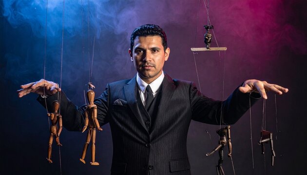 "A suited person manipulating wooden marionettes with strings under dramatic lighting."