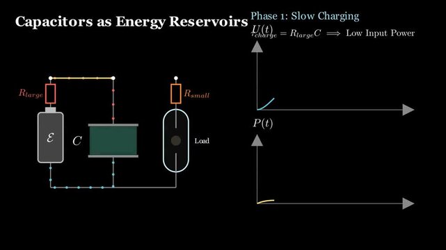 2D animation depicting capacitors acting as quick-release energy reservoirs, illustrating rapid charging and sudden electrostatic energy discharge