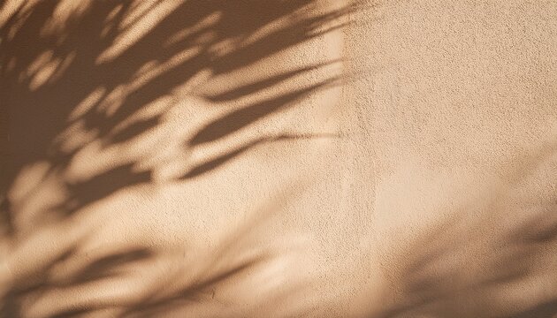Beautiful Texture Of Beige Brown Luxury Smooth Stucco Wall With Soft Foliage Dappled Light Of Tropical Tree Leaf Shadow