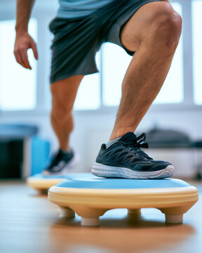 Athlete doing balance training on physiotherapy platform after knee injury, rehabilitation clinic