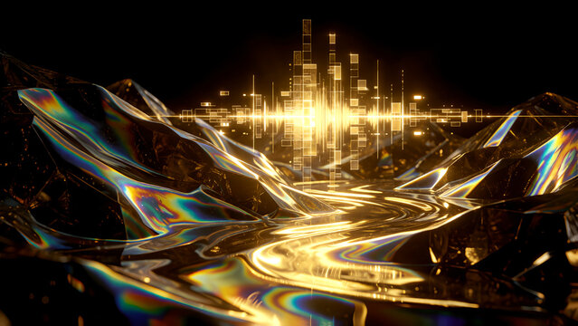 Futuristic abstract landscape with glowing lights and crystal reflections in dark environment.
