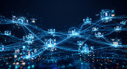 Fototapeta premium Futuristic digital network background with glowing cyber data connections and technology nodes