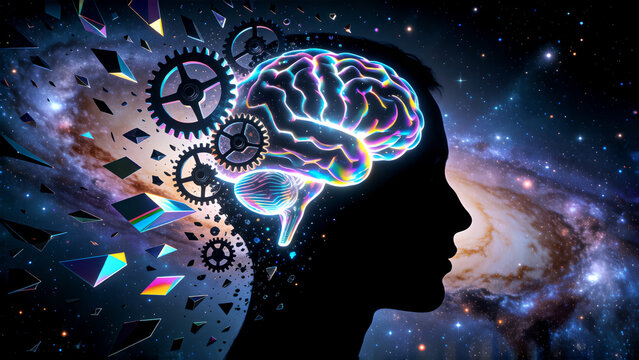 Conceptual illustration of human mind and intelligence with glowing brain gears and galaxy background.