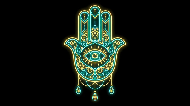 Hamsa hand symbol with ornate filigree patterns and central eye neon sign art, filigree
