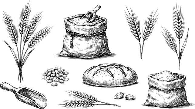 Hand-drawn sketch of wheat collection with flour sacks, grains, and fresh bread.Hand-drawn sketch of wheat collection with flour sacks, grains, and fresh bread.