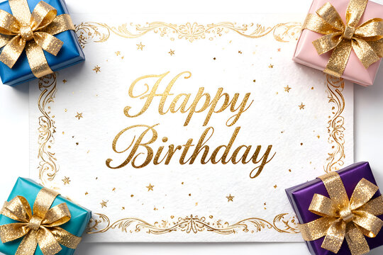 Happy birthday card with gift boxes gold border elegant design celebration theme colorful presents festive mood good wishes
