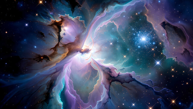 Stunning colorful nebula in deep space with bright shining stars and cosmic dust clouds.