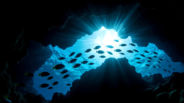A school of fish swimming through an underwater cave with sunlight streaming down.