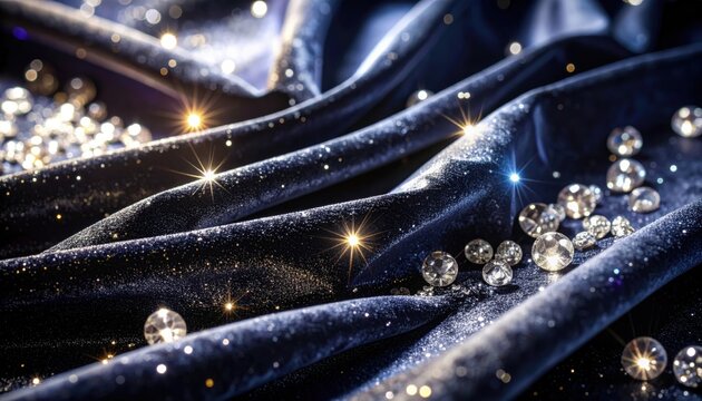 Sparkling diamonds scattered on luxurious dark blue velvet fabric with bokeh lights.