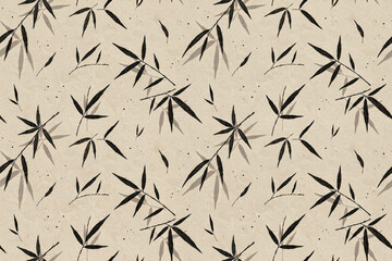 Fototapeta premium Seamless pattern of black bamboo leaves and stems painted in an ink wash style on a textured light beige paper background, with small dots