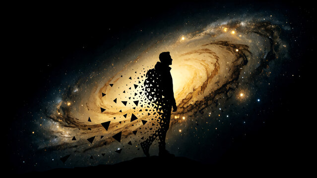 Silhouette of a man dissolving into a glowing galaxy with sparkling stars.