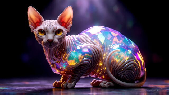 Stunning Sphynx cat with mesmerizing holographic crystal reflections and glowing magical lights.