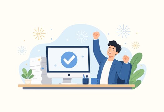 Vector illustration of a young man who has successfully completed his work.