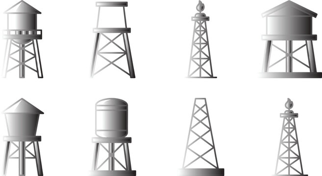 Set of industrial tower illustrations including water towers and oil rigs highlighting structural diversity and engineering design