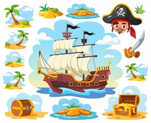 Obraz premium Pirate ship sails on the blue ocean surrounded by treasure chests and tropical desert islands.