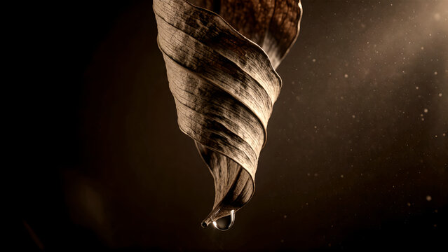 Dried brown leaf curled tightly with a single water droplet hanging at the tip.
